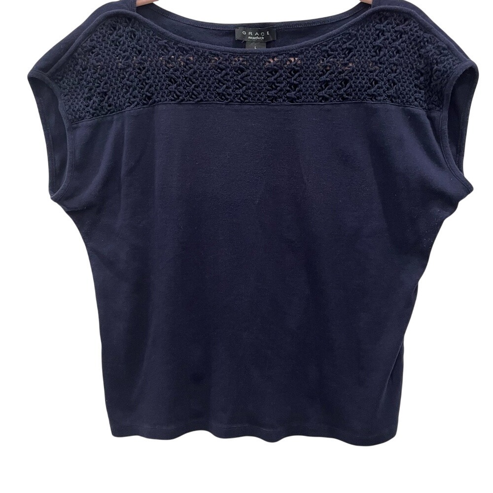 GRACE Navy blue‎ cotton tee with crochet detail Large